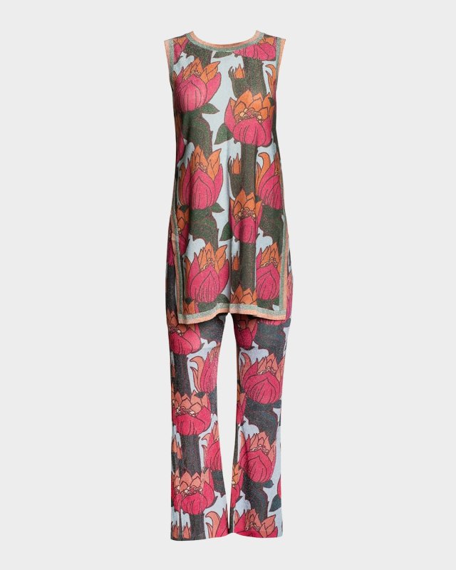 Robbie Floral-Print Shimmer Knit Pant Set